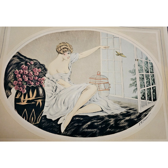 F. G. Henri Art Deco Women Waving Goodbye Bird Flying Out The Window Print - Picture 2 of 4